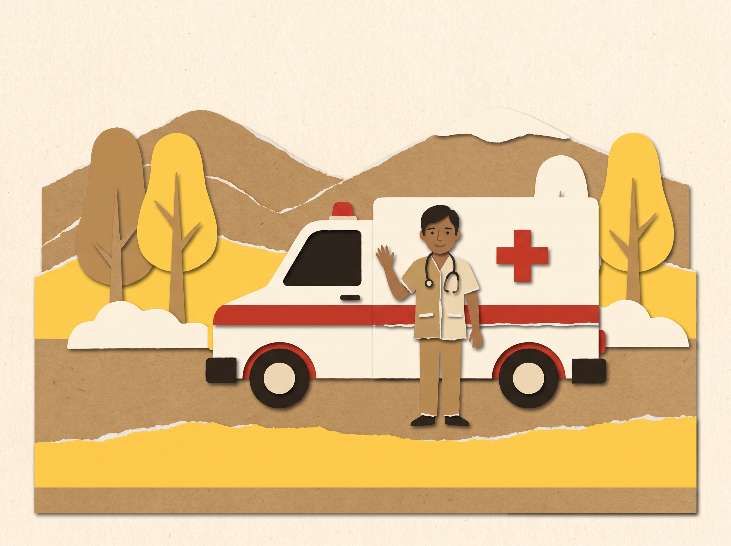 Paper cutout medic with ambulance