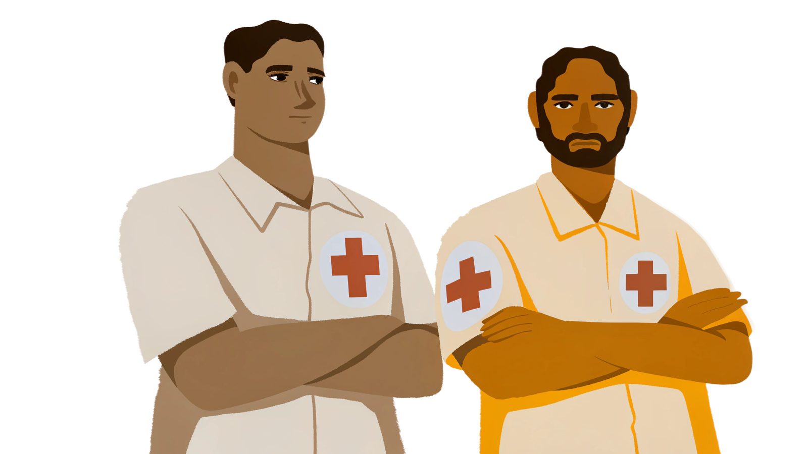Two AmbuGo medics in white scrubs with red cross patches — Bengaluru's own ambulance crew