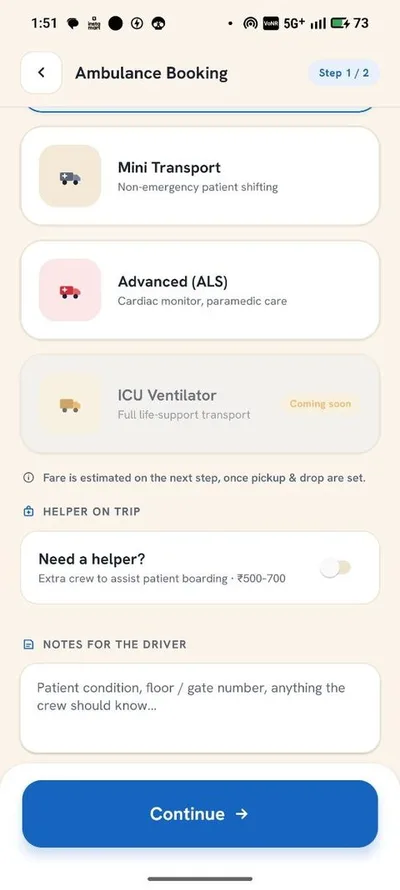 Choose the ambulance type — Namma Ambulance app