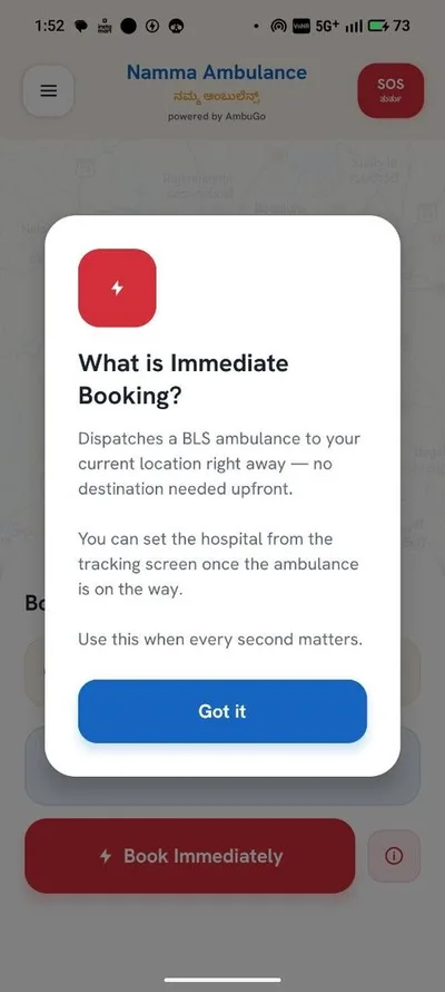 Open the app — One-Tap or Full Booking — Namma Ambulance app