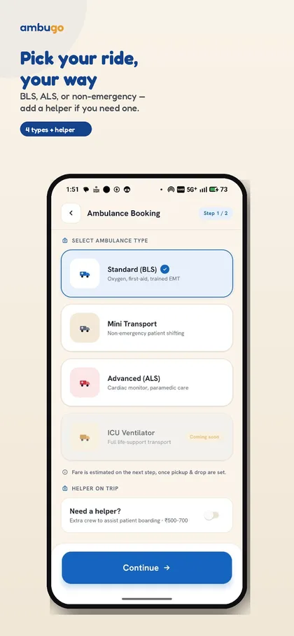 Choose BLS, ALS or ventilator ambulance in the Namma Ambulance app